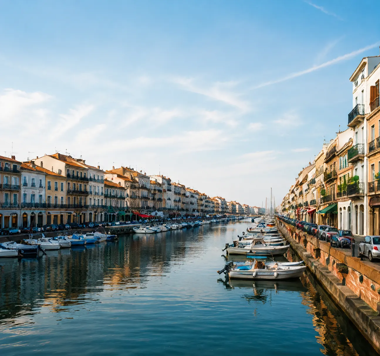 Le canal de Sète bordé de façades et de bateaux
