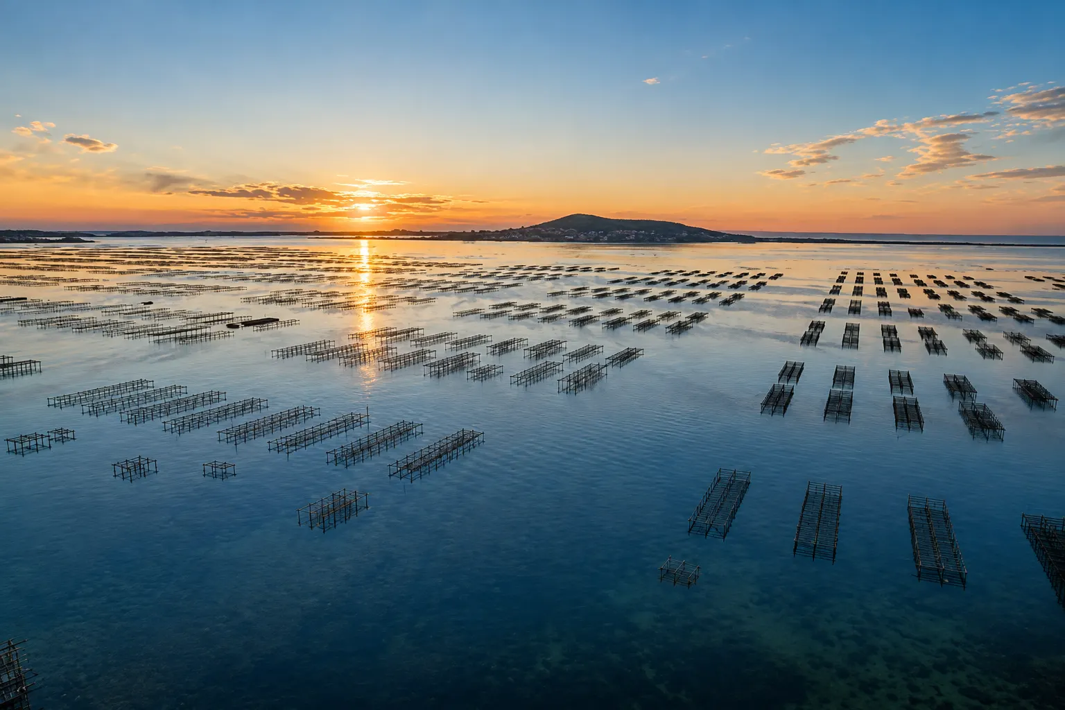 Coucher de soleil sur l'étang de Thau et ses tables conchylicoles